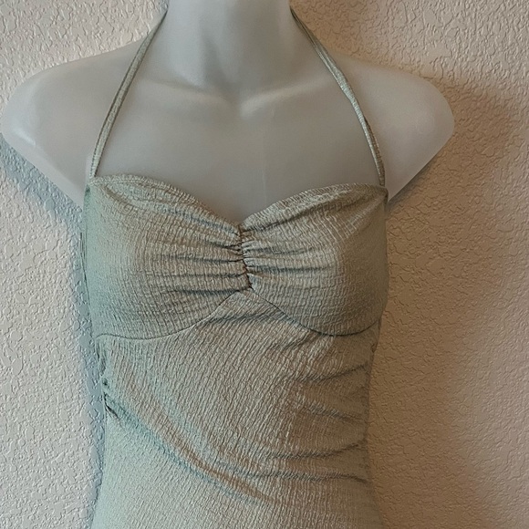 Seafoam green babydoll asymmetrical ruched Halter Neck Dress in Light green S/4 - Picture 4 of 6